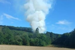 FOTO: Rozsáhlý požár u Velhartic zaměstnal desítky hasičů. Pomáhal i vrtulník s bambivakem